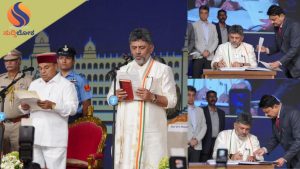ವೇದಿಕೆಯಲ್ಲಿ ಆರಾಧ್ಯ ದೈವಕ್ಕೆ ಭಕ್ತಿಪೂರ್ವಕ ಪ್ರಣಾಮ: ವೀರ ಗಂಗಾಧರ ಅಜ್ಜನ ಫೋಟೋ ಮುಟ್ಟಿ ನಮಸ್ಕರಿಸಿ ಪ್ರಮಾಣ ವಚನ ಸ್ವೀಕರಿಸಿದ ಡಿ.ಕೆ. ಶಿವಕುಮಾರ್!